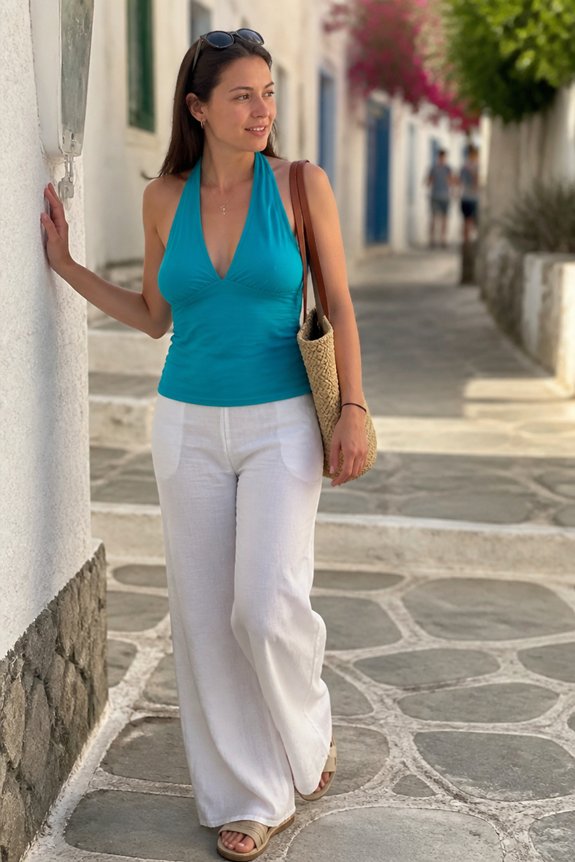 Woman in turquoise halter top and white wide-leg pants strolls on a sunlit white-walled Mediterranean street with a straw bag.