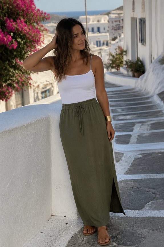 Woman in white tank top and olive green maxi skirt on a whitewashed Santorini street.
