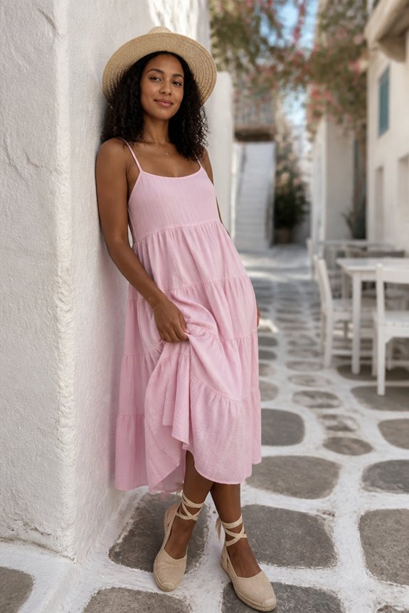 Young woman in a pink sundress and straw hat leans against a white wall in a sunlit Mediterranean alley.