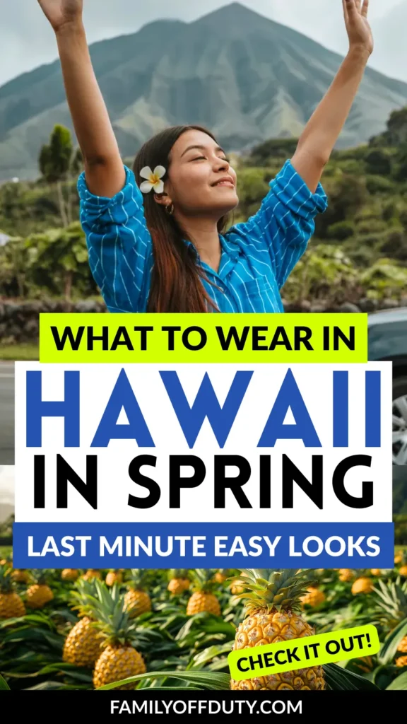 A woman in a blue striped shirt enjoys a sunny day in Hawaii, showcasing spring fashion with a flower in her hair.