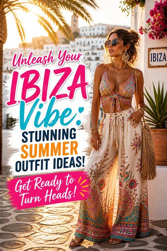 Boho Ibiza vibe outfit: floral wide-leg pants and crop top on a sunny Mediterranean street with palm trees.