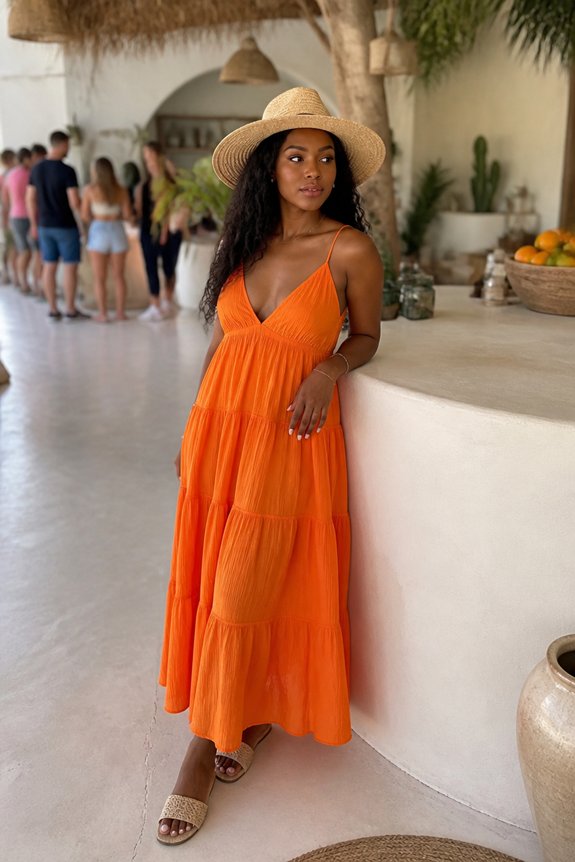 Woman in an orange tiered maxi dress and straw hat standing by a white bar in a sunny tropical cafe.