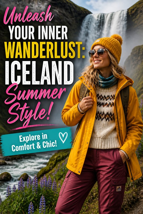 Woman in a yellow jacket and beanie with sunglasses by a waterfall; Iceland wanderlust and summer style travel poster.