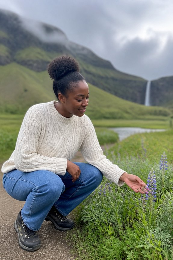 Woman kneeling in a cream sweater touches purple wildflowers along a path with a distant waterfall and green hills.