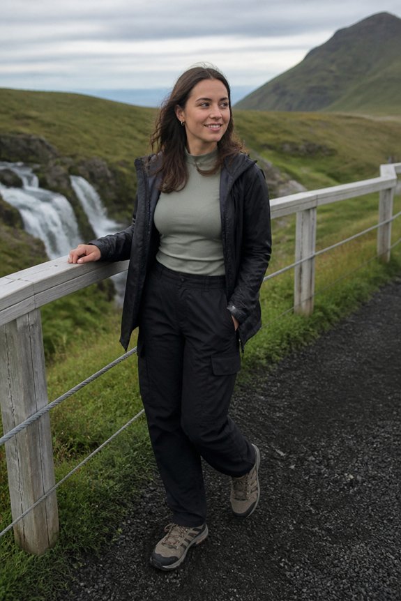 Woman in hiking gear leaning on a wooden railing beside a waterfall with green hills in the background.