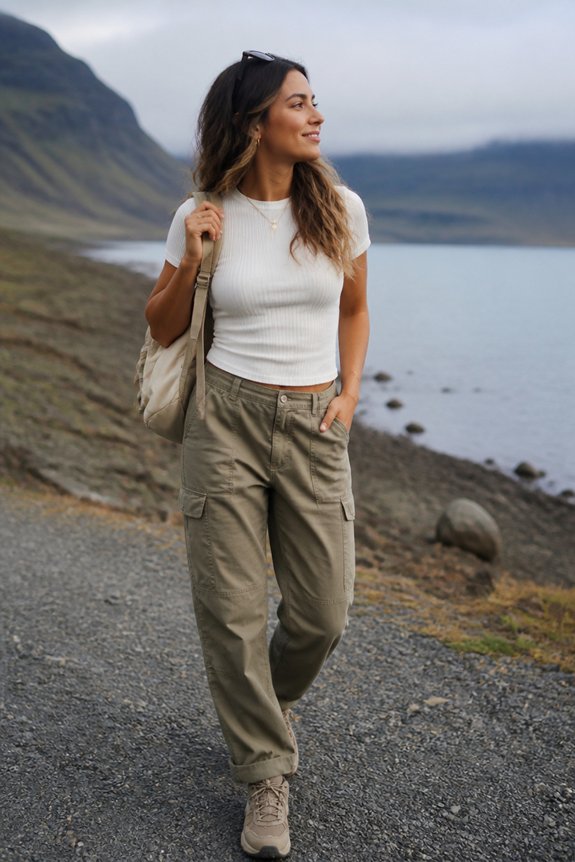 Woman walking along a rugged coastal trail by the water in beige cargo pants and a white top, carrying a backpack.