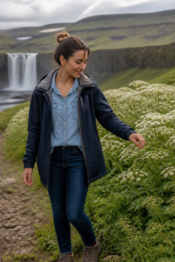 Woman in a denim jacket and jeans walks among wildflowers toward a waterfall in a scenic valley.