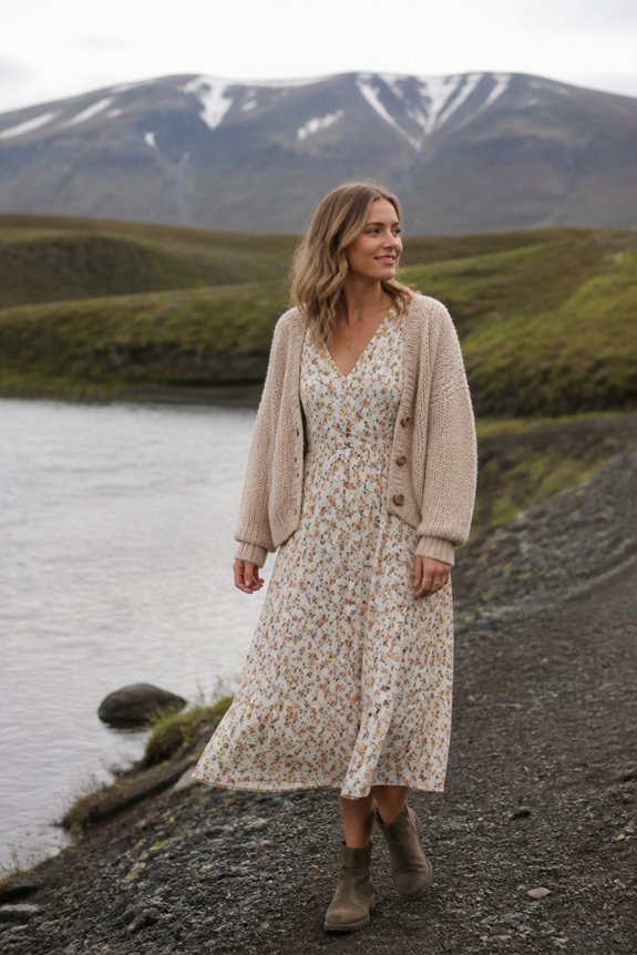 Woman in a floral dress and beige cardigan walks along a rocky lakeside with distant mountains.