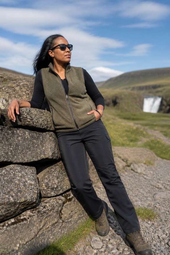 Woman in hiking outfit with olive vest and sunglasses, leaning on a stone wall with hills and a waterfall behind.