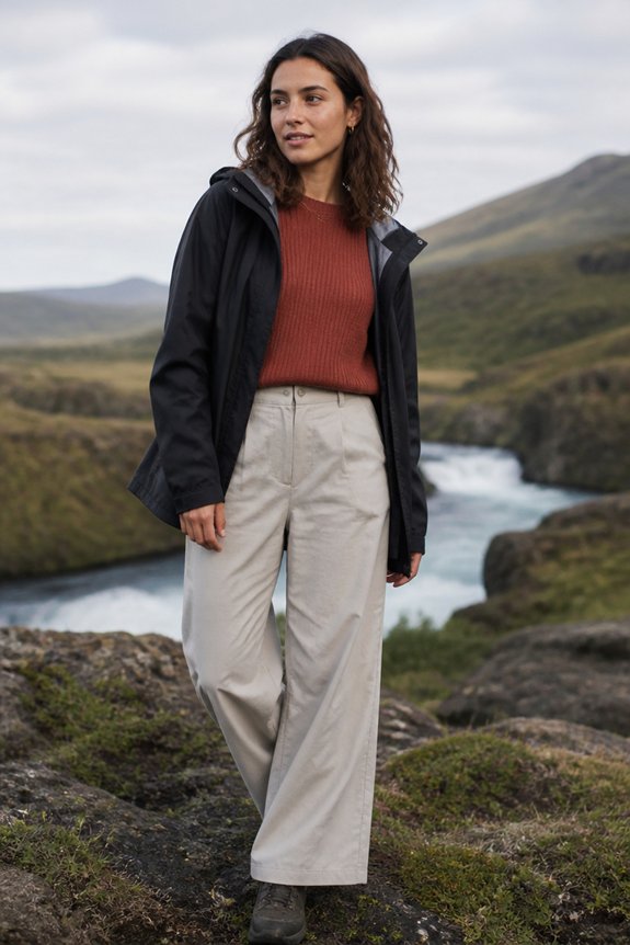 Woman in red sweater, black rain jacket, and beige wide-leg pants stands on rocky hillside beside a river.