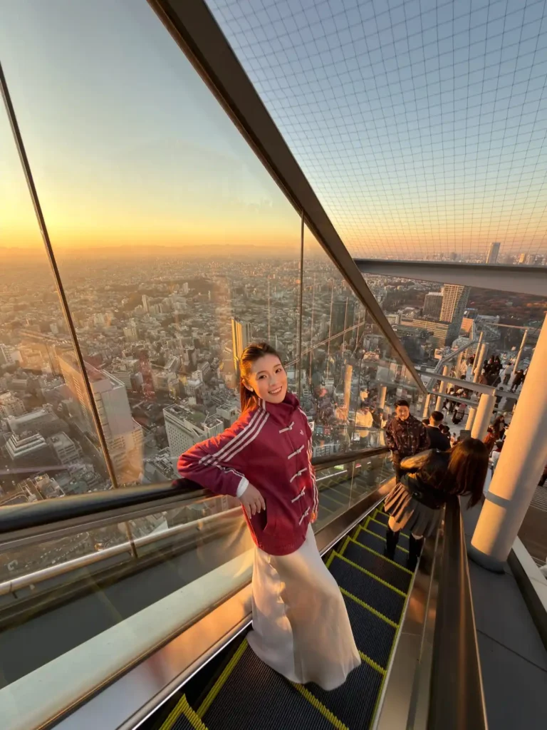 Woman in a stylish outfit posing on an observation deck, with a stunning cityscape and sunset in the background.