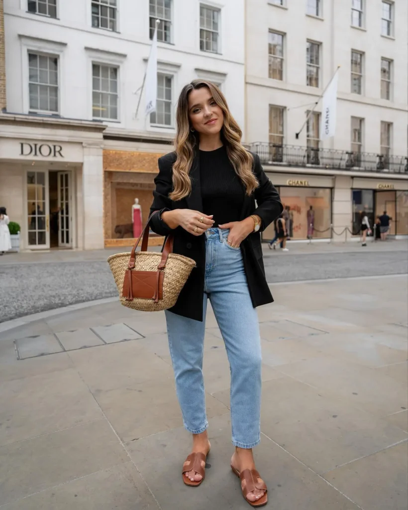 Stylish woman in a black blazer and light jeans stands outside luxury shops, holding a woven bag in a chic city setting.