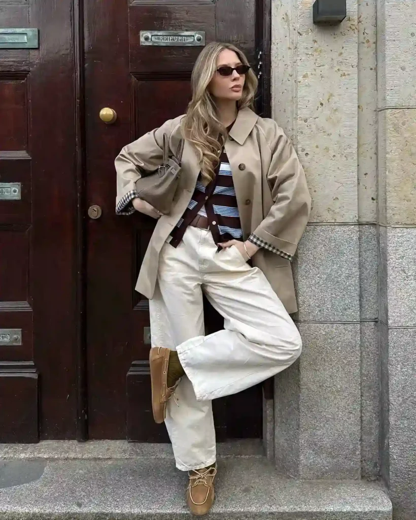 Fashionable woman in sunglasses leans against a door, wearing a beige coat, striped top, and casual wide-leg pants.