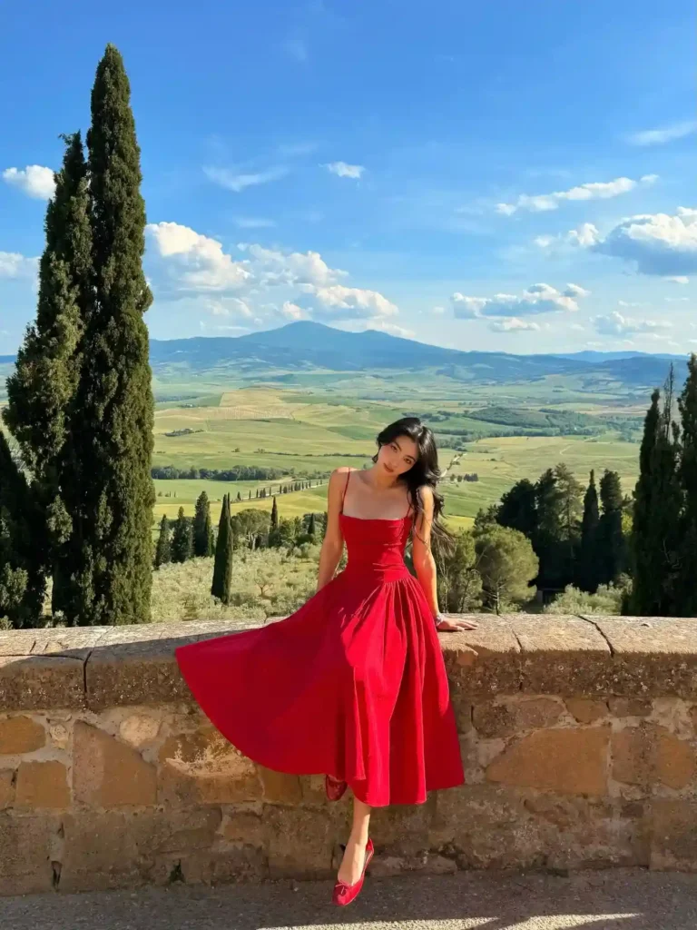Young woman in a red dress poses against a scenic Tuscan landscape, framed by tall trees and a blue sky.