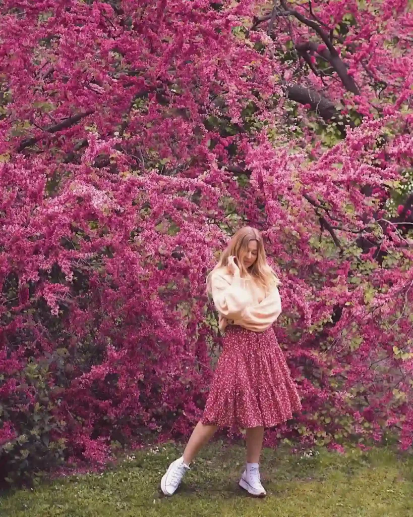Woman in a pink floral skirt and sweater posing gracefully in front of vibrant pink flowering trees in a garden.