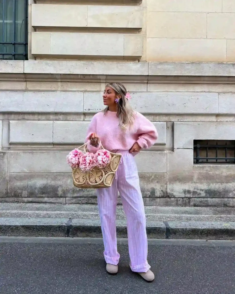 Woman in a pink sweater and striped pants poses with a floral basket against a charming urban backdrop.