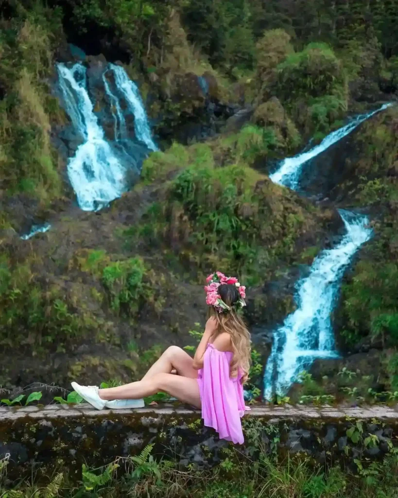 Woman in a pink dress sitting by lush waterfalls, adorned with a floral crown in a serene natural setting.