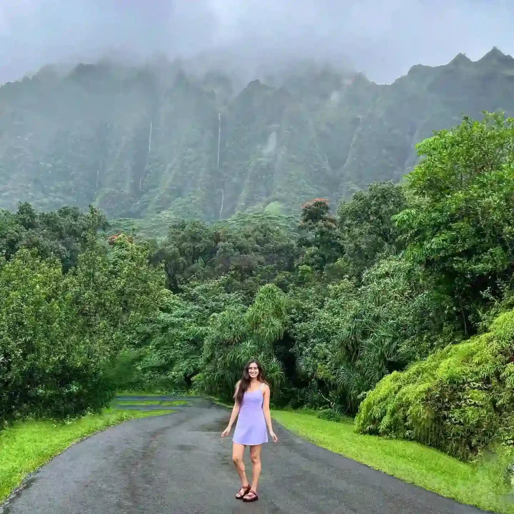 A woman in a lavender dress stands on a scenic road surrounded by lush greenery and misty mountains.