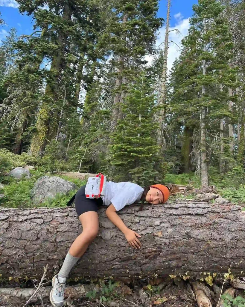 Person resting on a fallen tree in a lush forest, surrounded by tall trees and greenery under a blue sky.