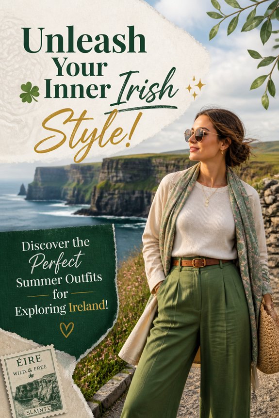 Stylish woman in green trousers and scarf stands on a cliffside Irish coast, promoting summer outfits for exploring Ireland.
