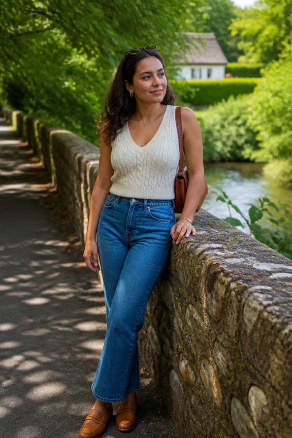Woman in white knit sleeveless top and blue jeans leaning on a stone railing beside a sunlit river.