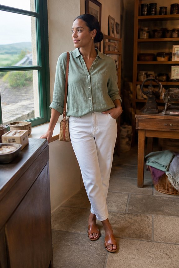 Woman in a green blouse and white pants stands by a shop window in a rustic boutique with jars on shelves.