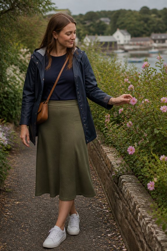 Woman walking along a riverside path, wearing navy top, olive skirt, navy jacket, white sneakers, touching pink flowers.