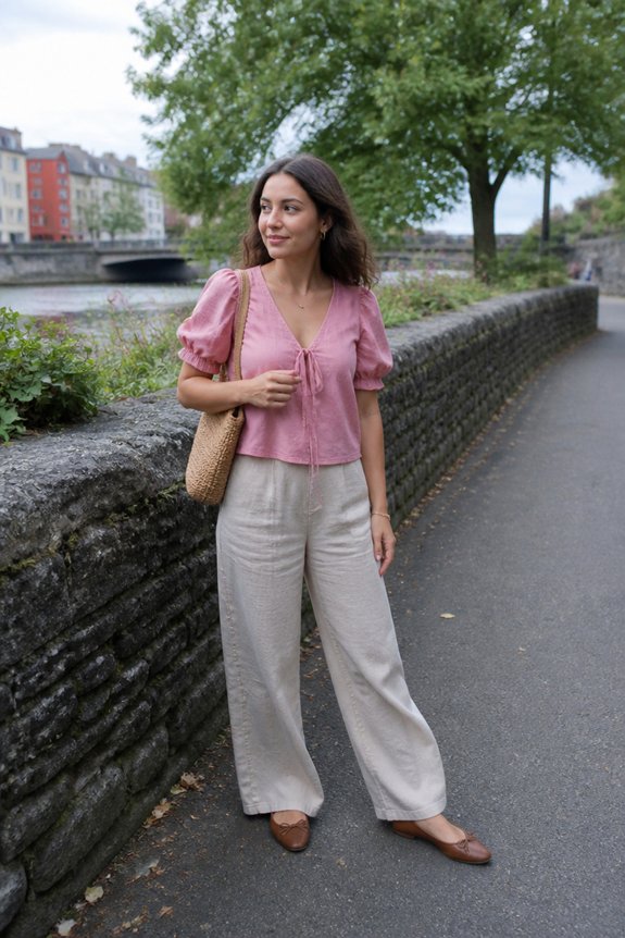Stylish woman on a riverside path wearing a pink puff-sleeve top, beige wide-leg pants, brown flats, carrying a straw bag.