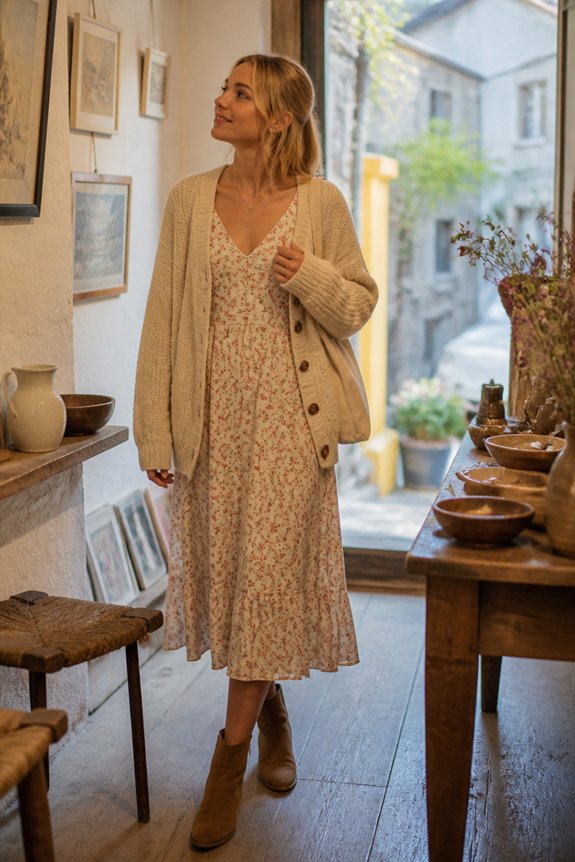 Woman in a floral midi dress and beige cardigan exploring a cozy gallery, admiring wall art.