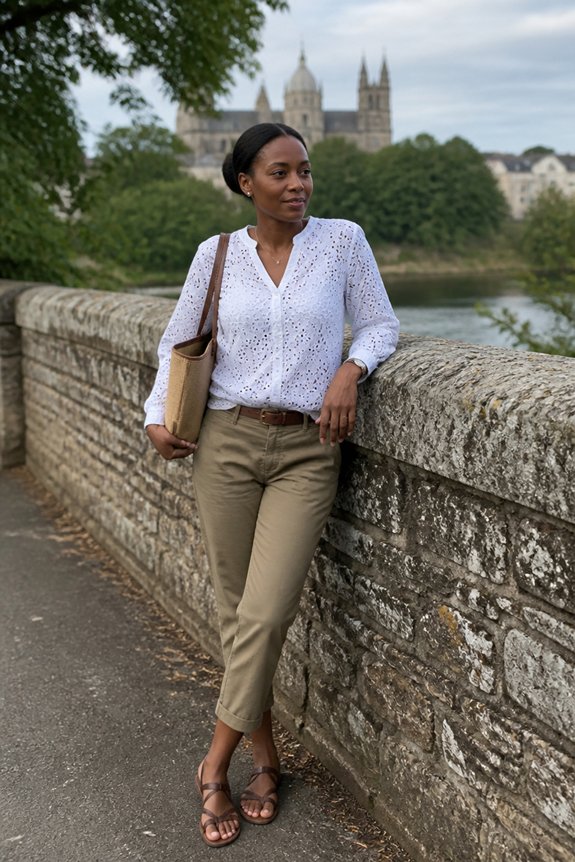 Woman in white blouse and khaki pants leaning on a stone railing by the river with a cathedral in the background.