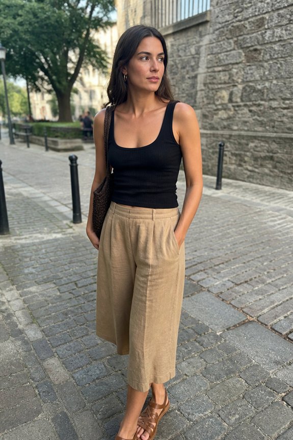 Stylish woman in a black tank top and beige wide-leg pants with a bag, standing on a cobblestone street beside a stone wall.
