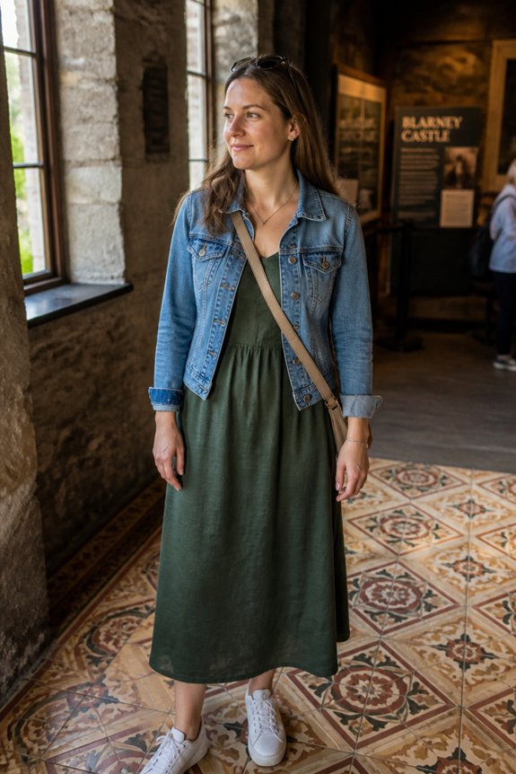 Woman in green dress with denim jacket and crossbody bag inside a historic castle interior.
