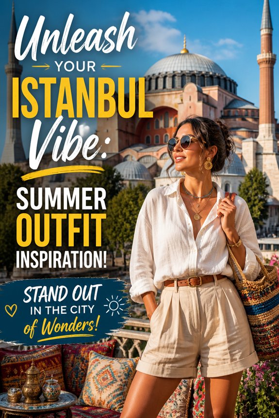 Stylish woman in white blouse and beige shorts posing in Istanbul with a domed mosque in the background; summer outfit.