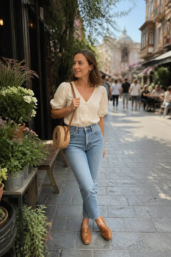 Woman walking along a plant-filled street cafe in a white blouse, blue jeans, and round straw bag.