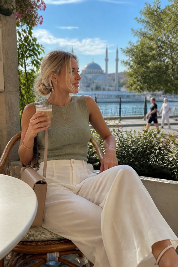 Woman sits at an outdoor waterfront cafe, holding a drink, with a mosque in the background.