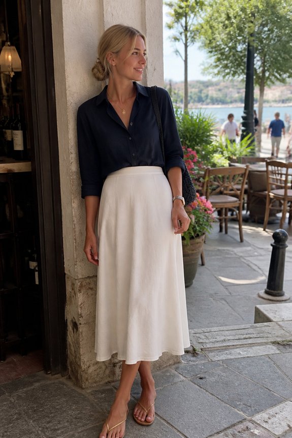 Fashionable woman in a navy blouse and white midi skirt near a seaside cafe doorway.