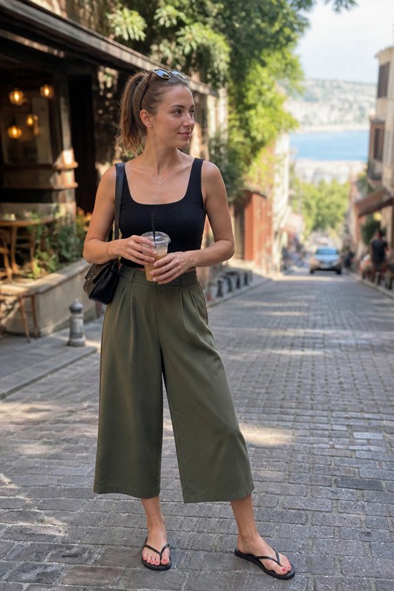 Woman in black tank top and olive wide-leg pants with iced drink on a sunlit cobblestone street.