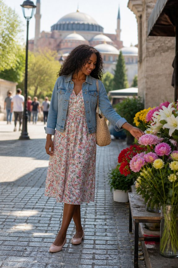 Woman in floral dress and denim jacket admires colorful flowers at Istanbul outdoor market with domed mosque in background.