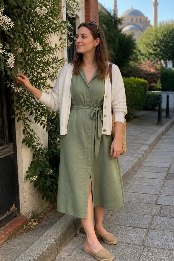 Woman in olive green belted midi dress with a white cardigan and straw bag strolling on a sunny street; mosque in the background.