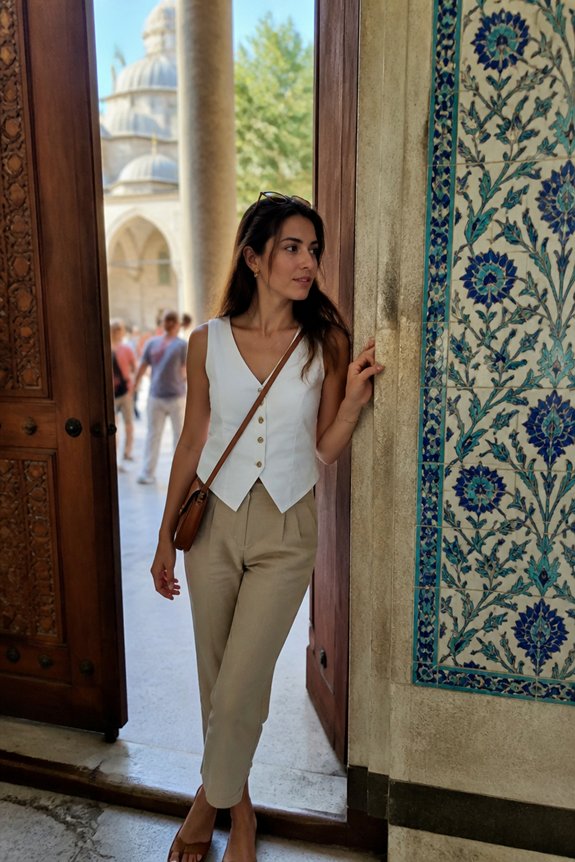 Tourist woman in a white sleeveless vest and beige pants stands at an ornate tiled doorway with blue floral patterns.