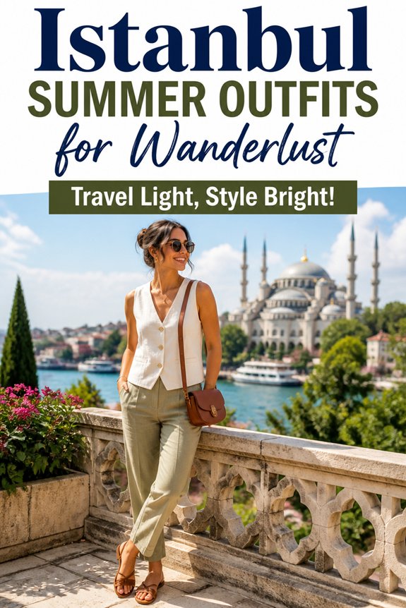 Istanbul summer outfits: stylish woman in a light outfit posing by a mosque with the city skyline.