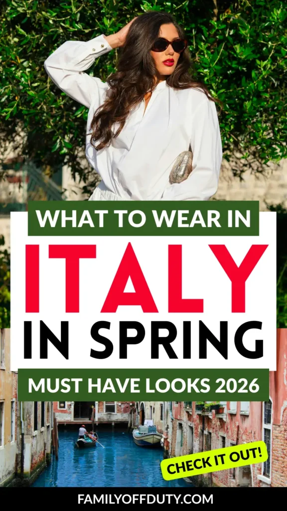 Woman in stylish outfit poses in front of a scenic Italian canal, showcasing spring fashion trends for 2026.