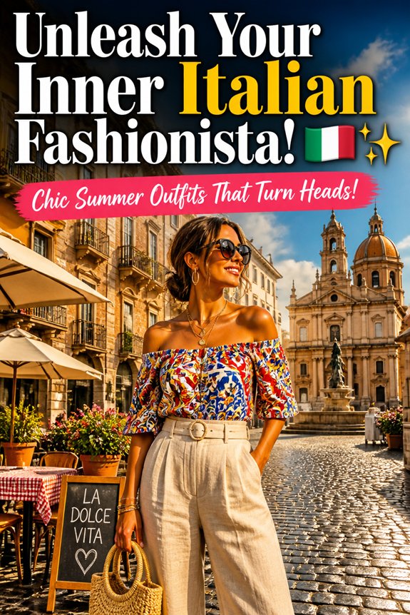 Stylish woman in a floral off-shoulder top and cream trousers on a cobblestone Italian street, La Dolce Vita sign nearby.