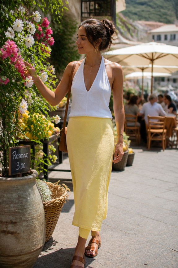 Woman in white halter top and pale yellow midi skirt strolling past a flower stall at a sunny outdoor cafe.