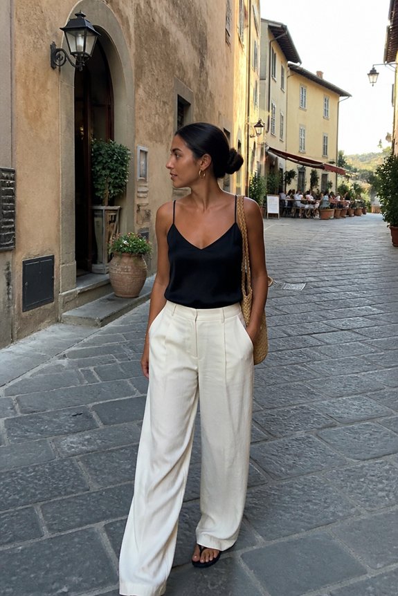 Woman in black cami and white wide-leg pants carries a woven tote, strolling a cobblestone European street with buildings.