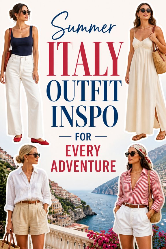 Summer Italy outfit inspo collage: chic sundresses, white shorts, and breezy tops worn by models with a coastal Italian backdrop.