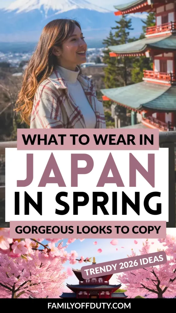 Smiling woman in a cozy outfit near a Japanese pagoda and cherry blossoms, featuring Mount Fuji in the background.