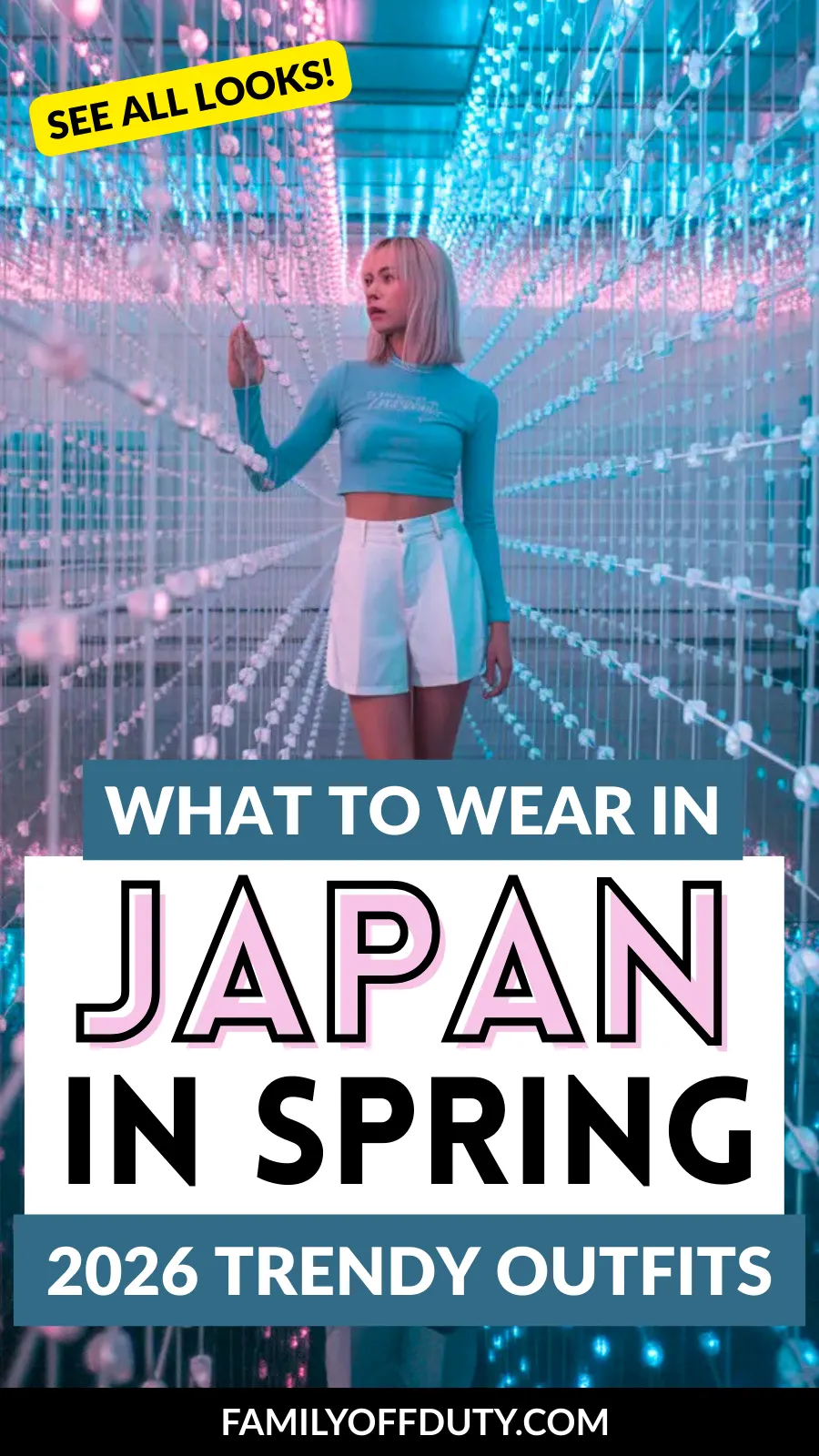 Model in trendy spring outfit exploring illuminated path in modern Japan, showcasing 2026 fashion inspiration.