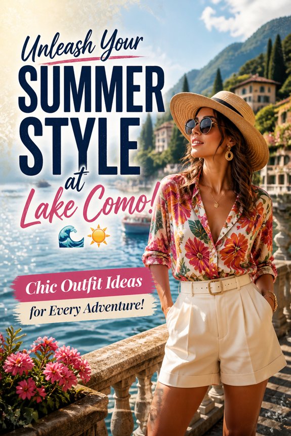 Woman in hat and floral blouse by Lake Como, showcasing summer style and chic outfit ideas.