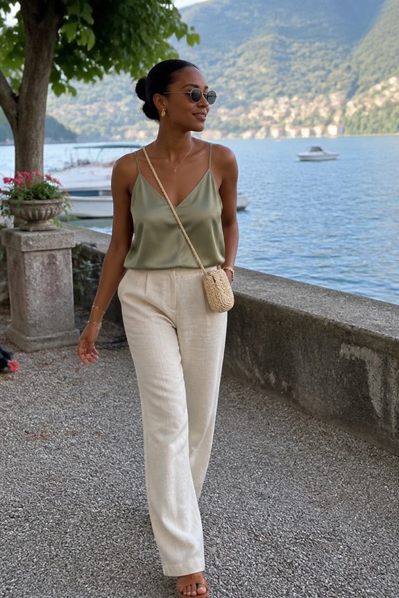 Stylish woman in an olive-green camisole and beige wide-leg pants walks along a lakefront with boats and mountains.